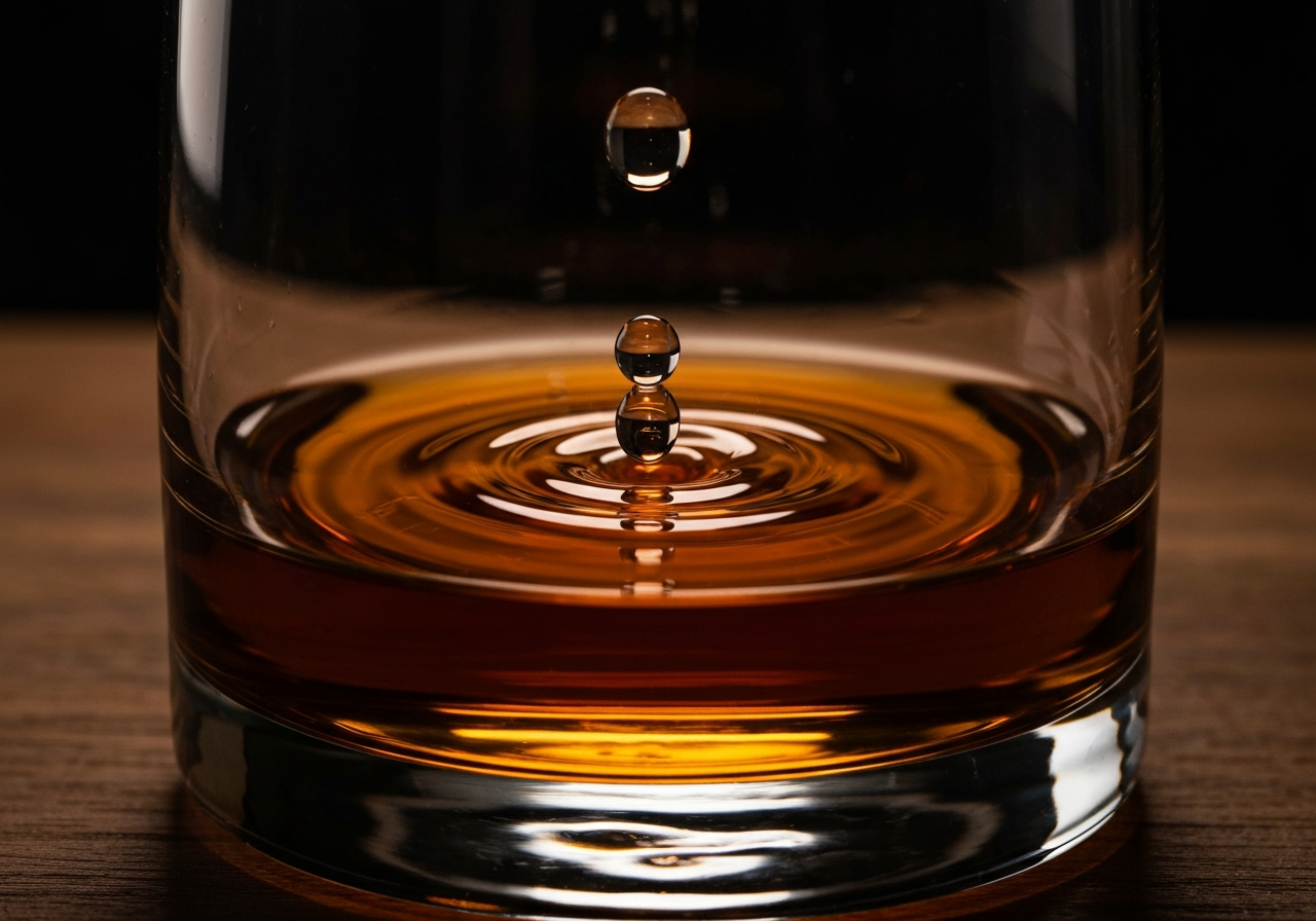 A macro shot of a single drop of water entering a glass of dark amber whiskey, capturing the 'bloom' or 'viscimetric' swirl of oils being released.