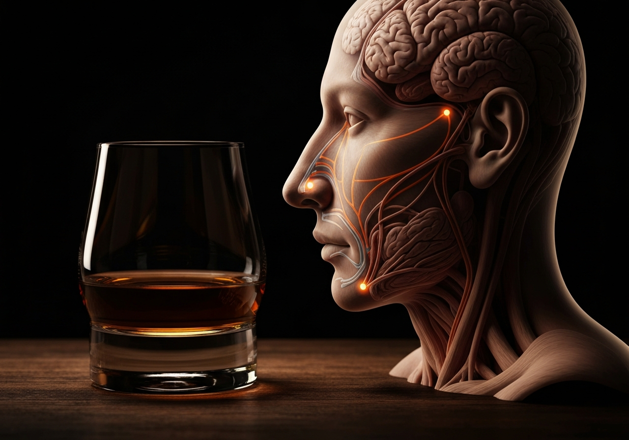 An anatomical diagram or artistic rendering of the human olfactory system highlighting the path from the nose to the brain's memory center.