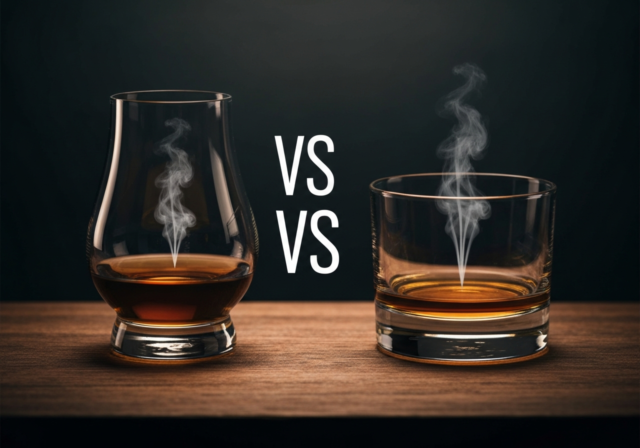 A high-quality comparison shot of a Glencairn glass and a traditional tumbler, with vapor lines illustrated to show aroma concentration.