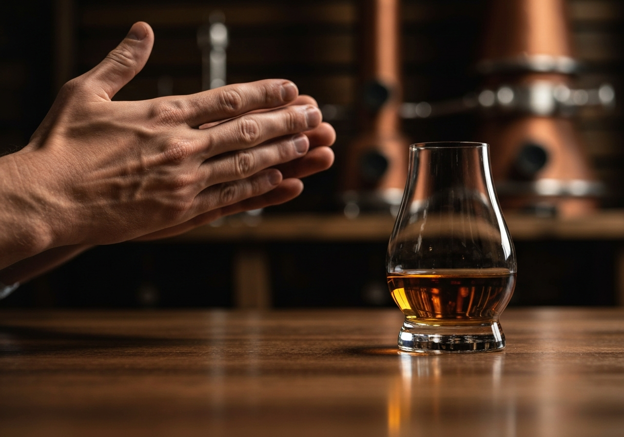 A close-up of a person performing the 'Palm Rub' technique, with a rustic, professional distillery background.