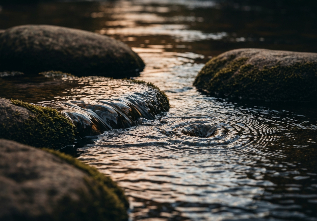 A high-resolution macro shot of water rippling over mossy stones in a Scottish Highland burn (stream).