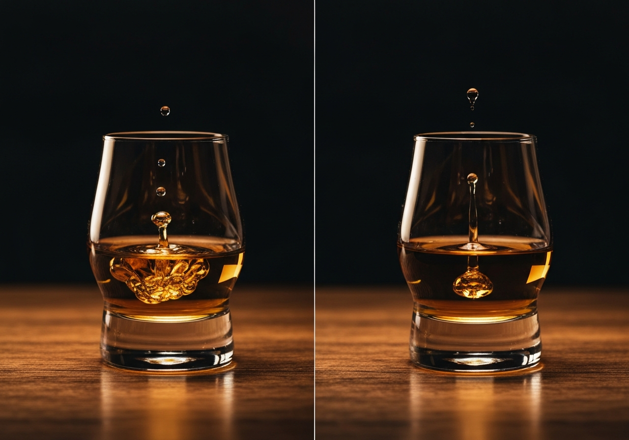 A side-by-side visual comparison of a whisky 'blooming'—two glasses, one with a drop of water creating 'viscimetric whorls' (the swirls that form when water and whisky mix).