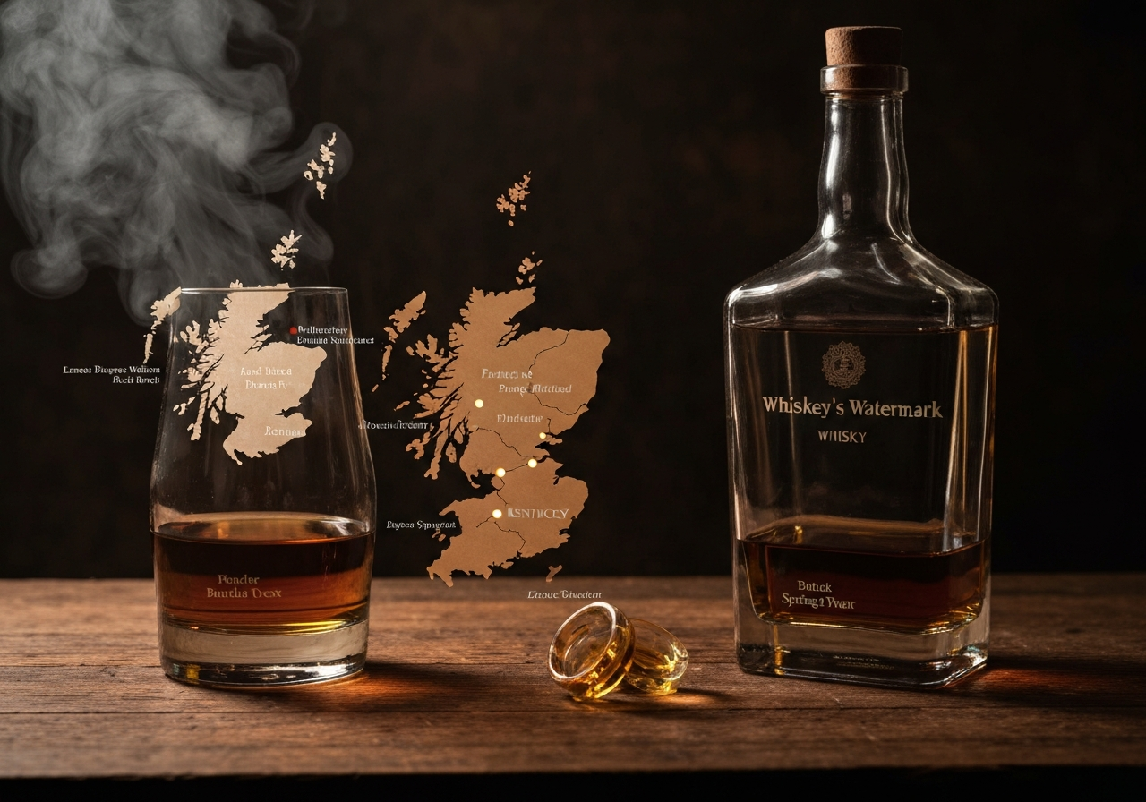 A map of Scotland or Kentucky highlighting famous distilleries and the specific rivers or springs they are built upon.