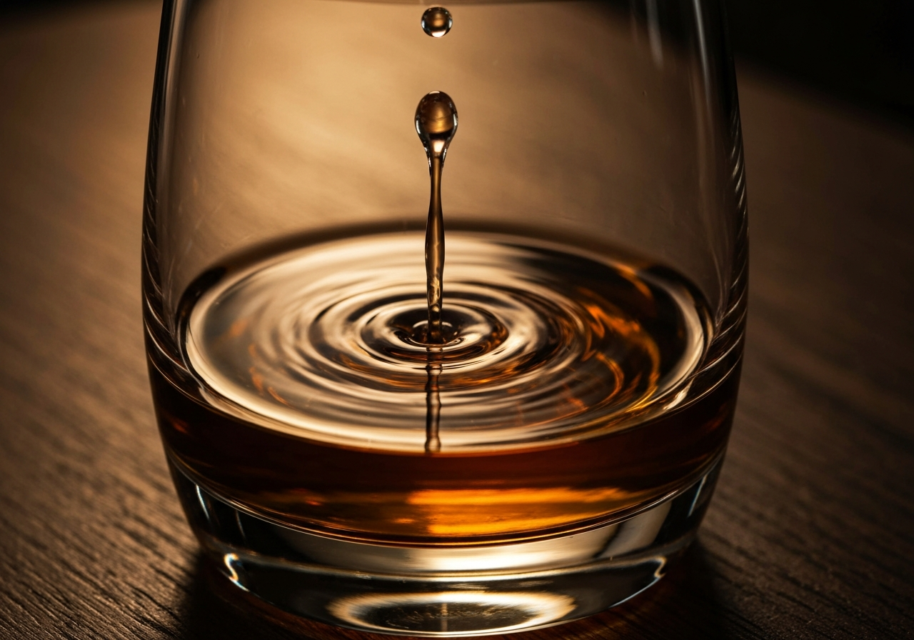 A close-up of a whiskey glass showing the 'viscimetric' swirls (marangoni effect) as a drop of water is added to a dark amber spirit.
