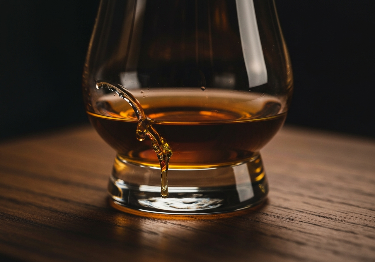 A close-up high-resolution shot of whiskey 'legs' or 'tears' slowly running down the side of a Glencairn glass.
