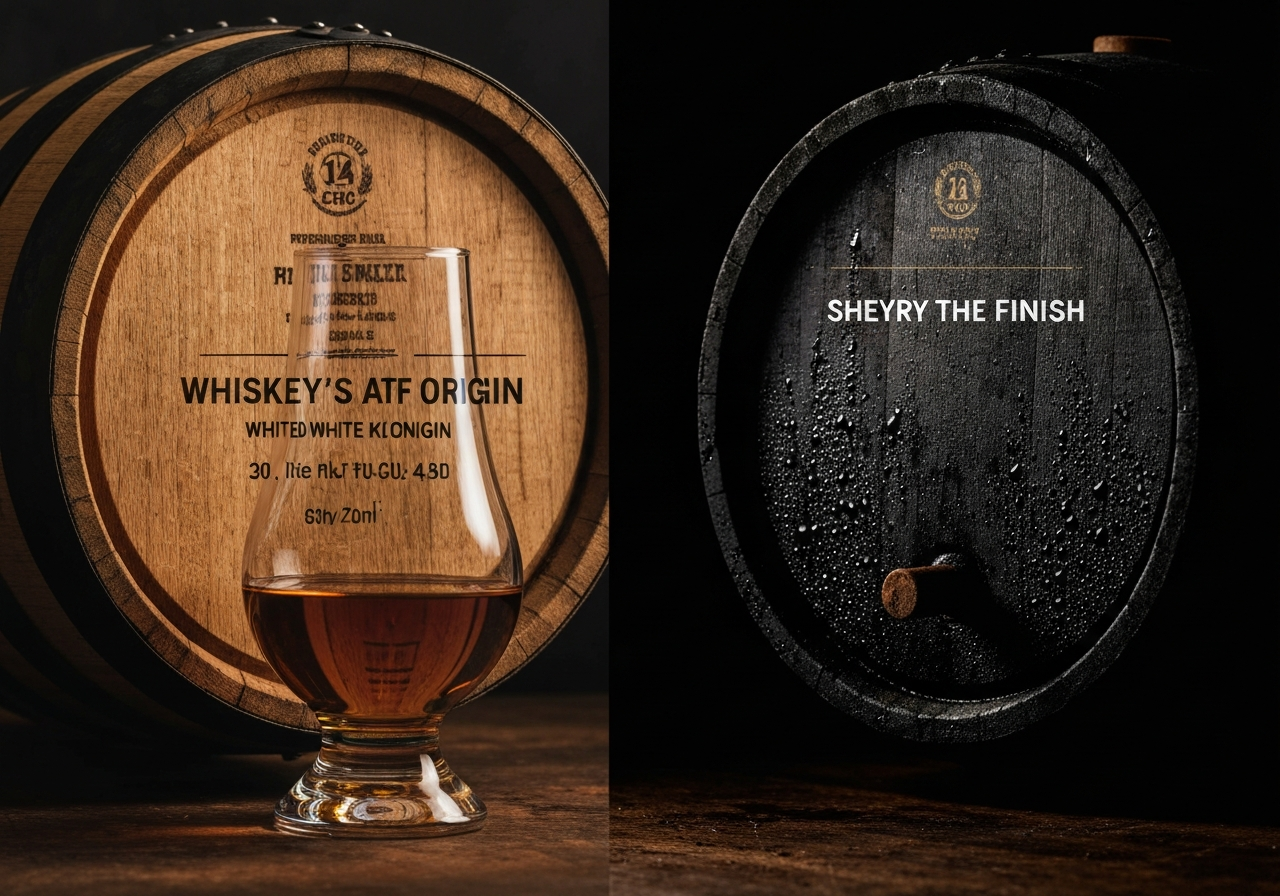 A split-screen image showing a charred white oak barrel on one side and a dark, damp sherry cask on the other to represent flavor origins.
