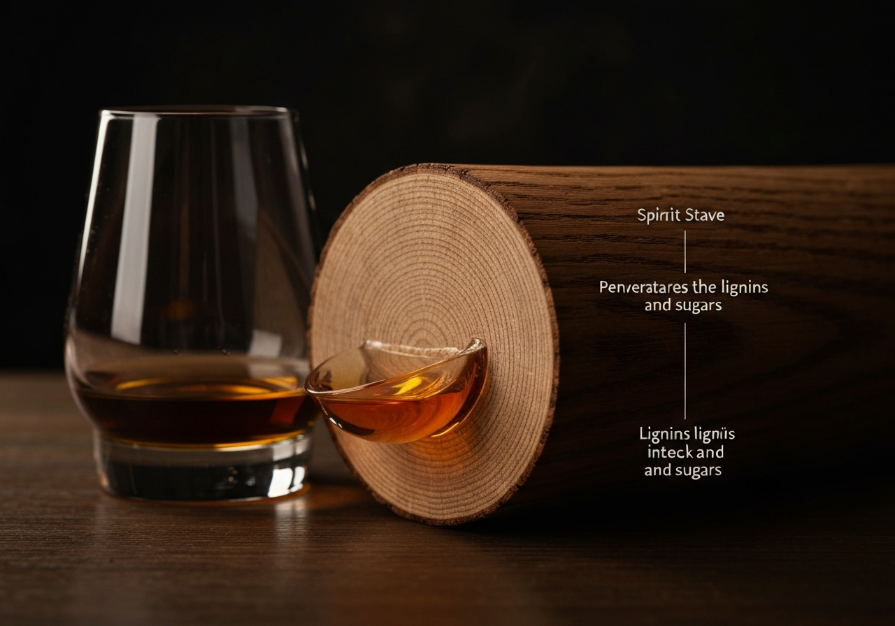 A cross-section diagram of an oak stave showing how spirit penetrates the wood layers and interacts with lignins and sugars.