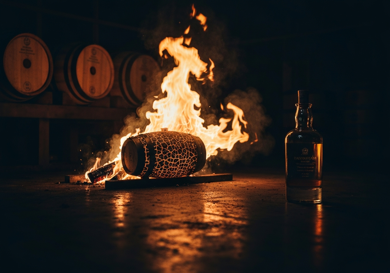 A dramatic photo of a cooperage with barrels being charred by high-intensity flames, showing the 'Alligator Char' texture.