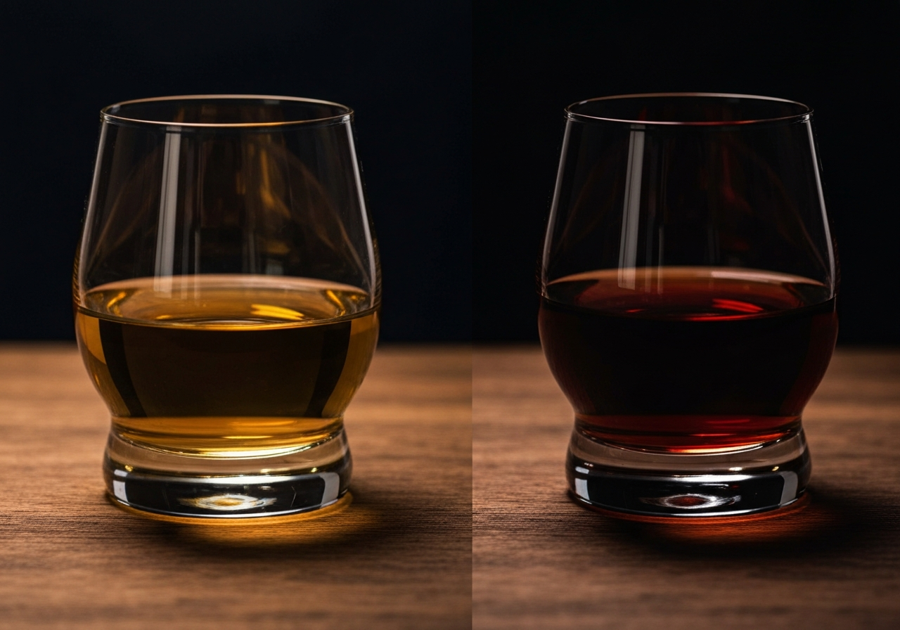 A side-by-side comparison of two glasses of whiskey: one pale gold (ex-bourbon influence) and one deep mahogany (sherry cask influence).