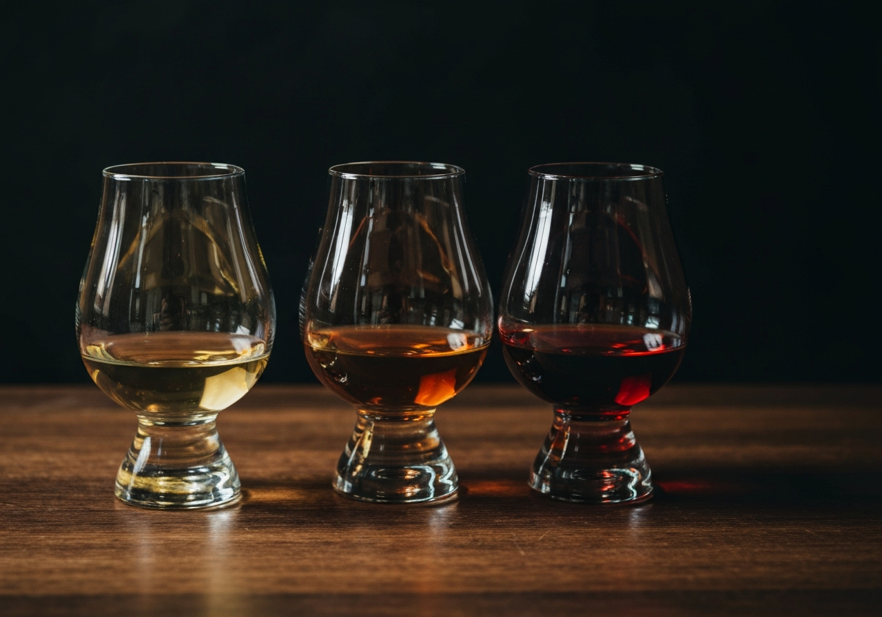 A lifestyle shot of three different whiskies in Glencairn glasses, showing a spectrum of colors from pale straw (Sauvignon Blanc finish) to deep ruby (Port finish).