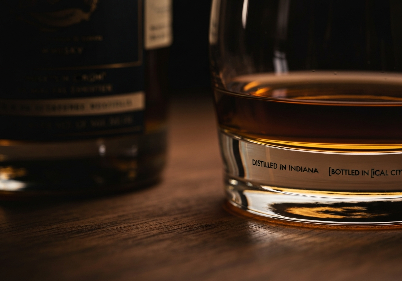 A close-up of a whisky label focusing on the fine print 'Distilled in Indiana' vs 'Bottled in [Local City]' to illustrate the sourcing debate.