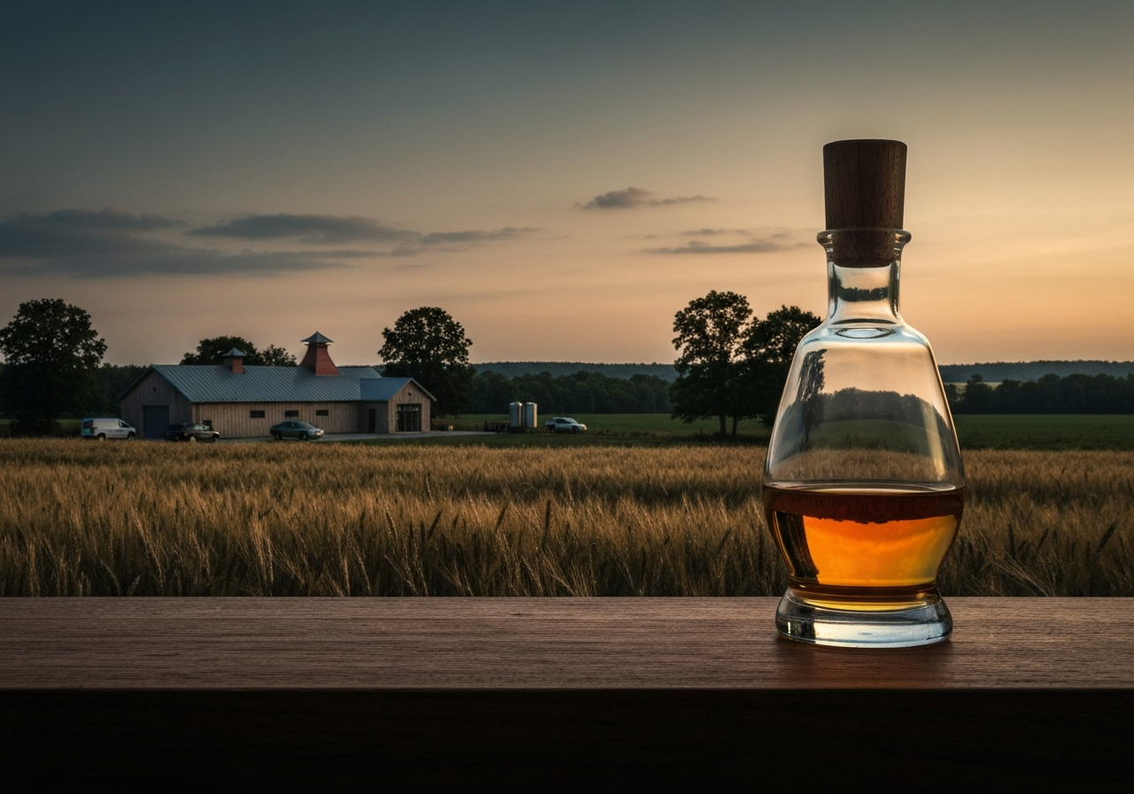 A scenic shot of a local farm with grain fields in the foreground and a small, modern distillery building in the background to emphasize terroir.