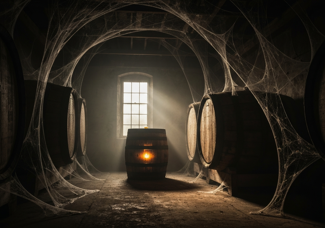 A moody, atmospheric shot of an old, cobweb-covered dunnage warehouse with light streaming through a single window onto a lone, weathered barrel.