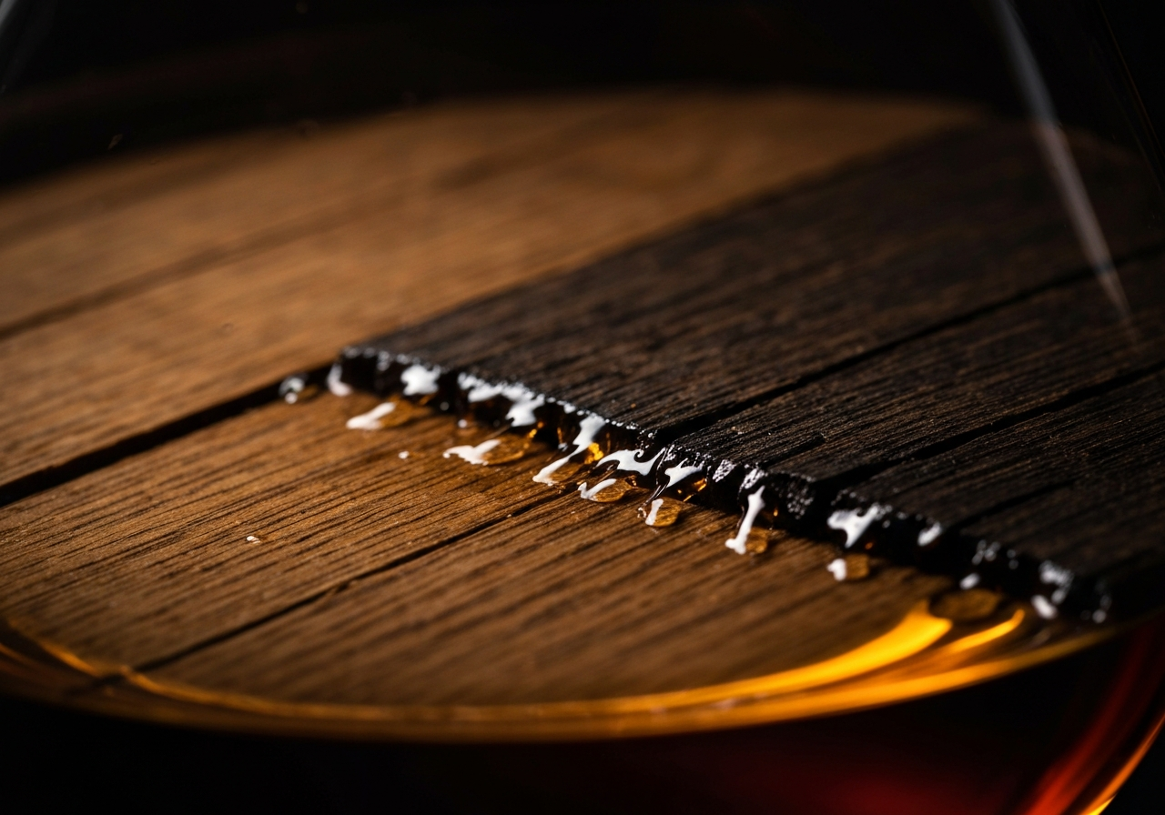 A macro close-up of a 'ghost' cask's wood grain showing deep charring and the 'weeping' of the spirit through the staves.