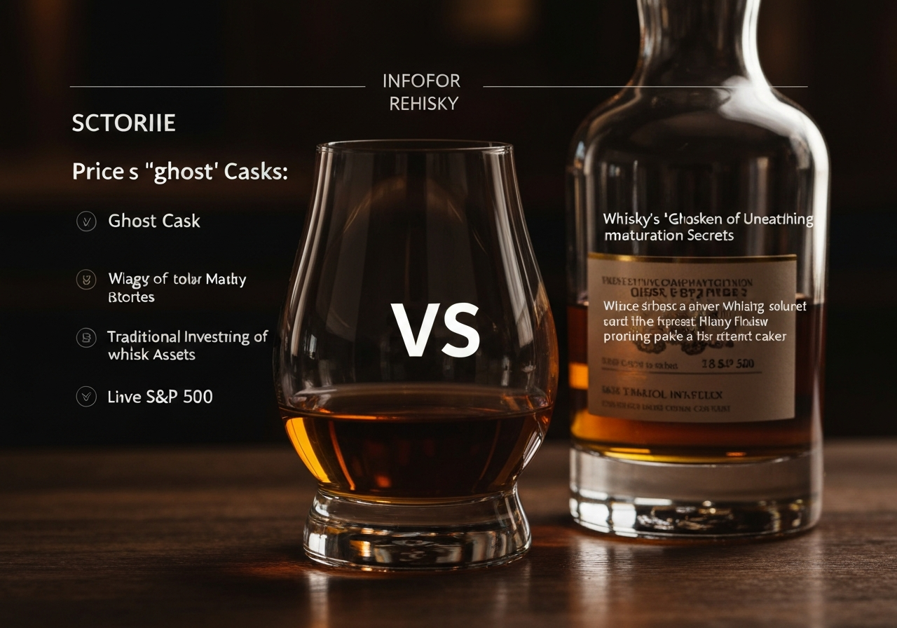 An infographic comparing the price appreciation of ghost cask whiskies against traditional investment assets like the S&P 500.