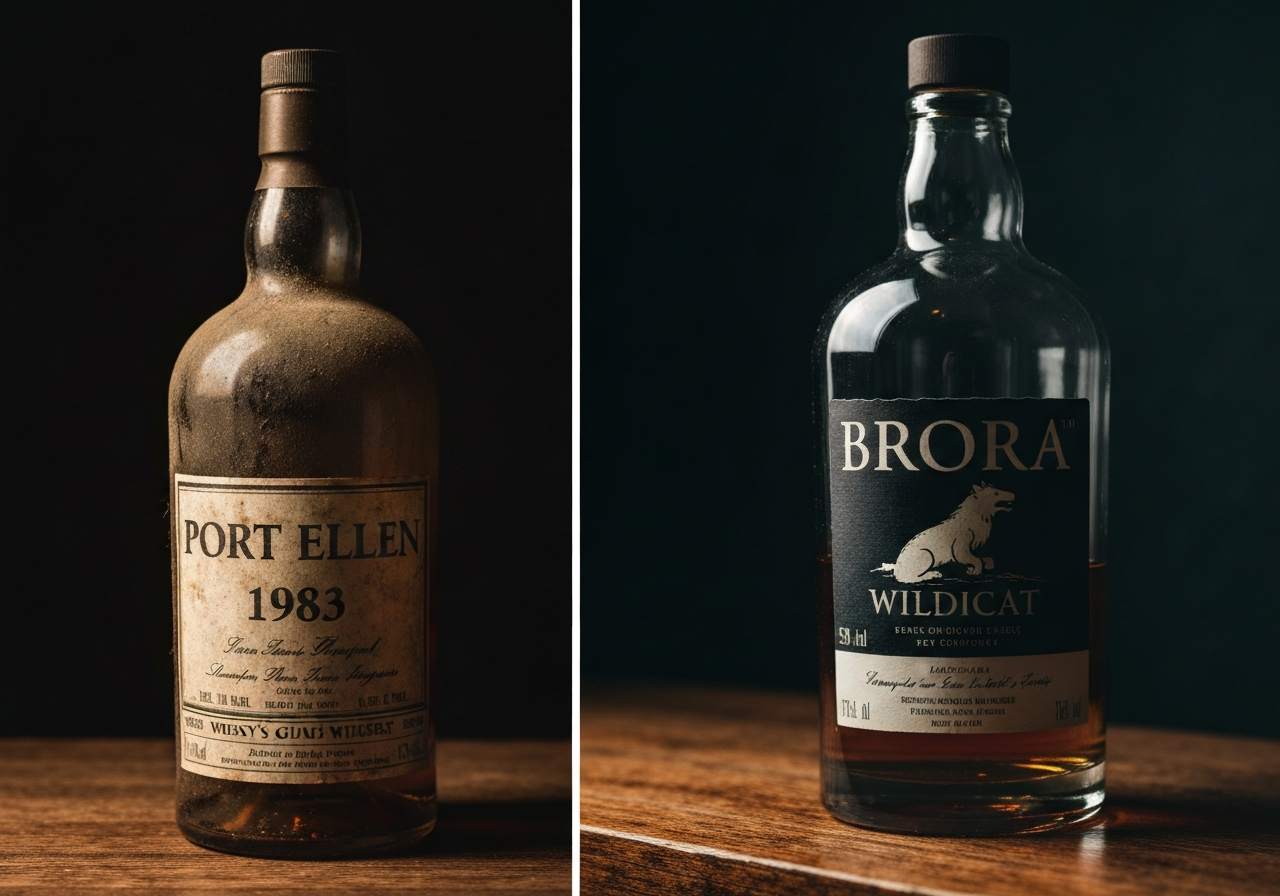 A side-by-side comparison image showing an old, dusty bottle of Port Ellen 1983 and the iconic Brora 'Wildcat' label.