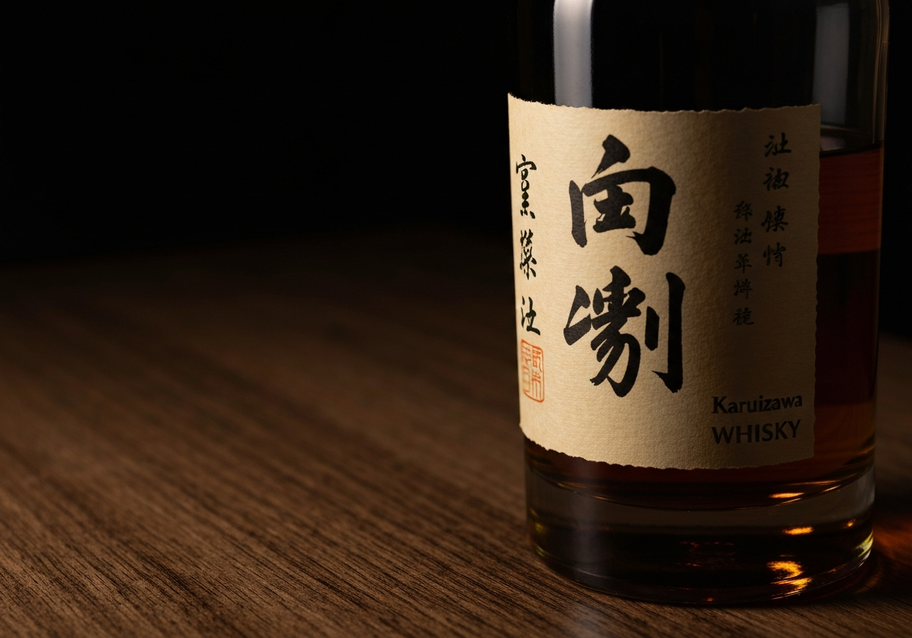 An artistic macro shot of a rare Karuizawa bottle featuring traditional Japanese calligraphy on the label.