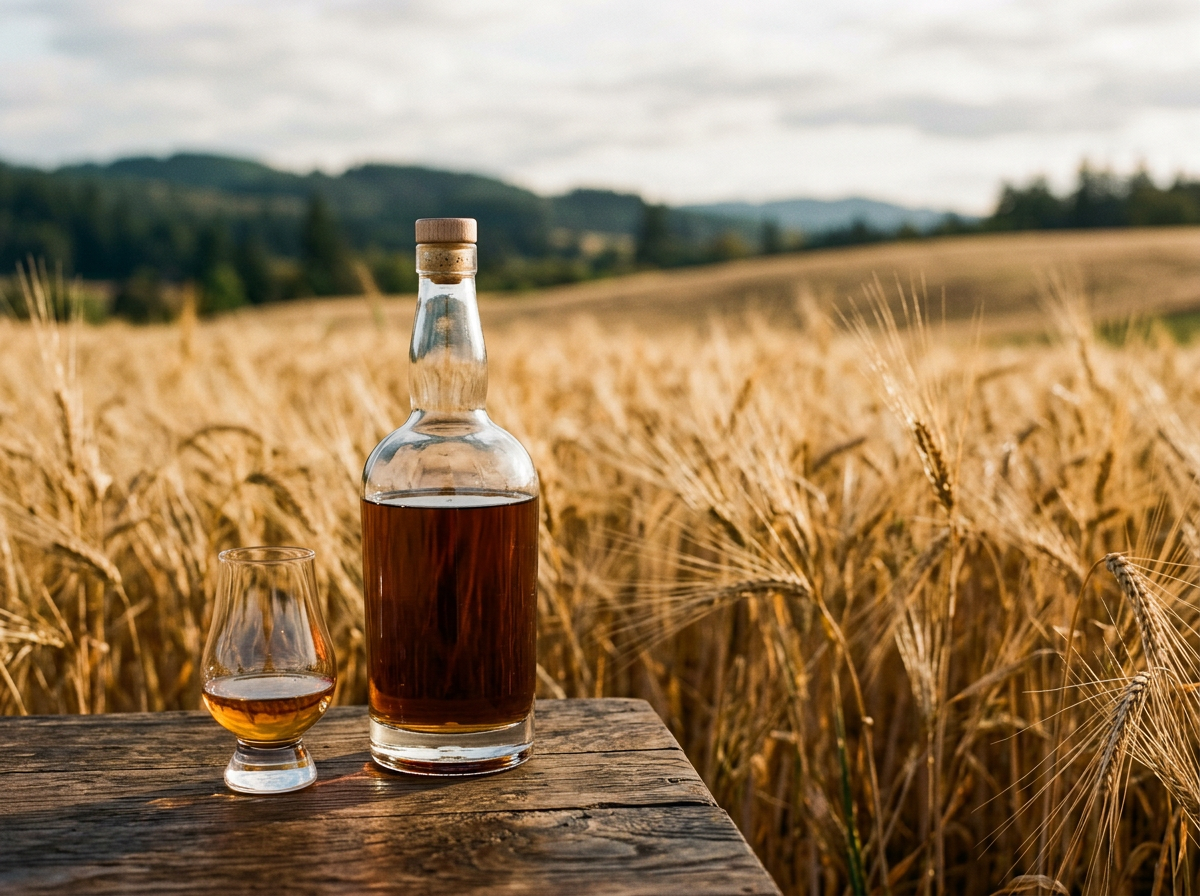 A high-quality photo of an American Single Malt bottle next to a field of Pacific Northwest barley, emphasizing the 'farm to glass' connection.