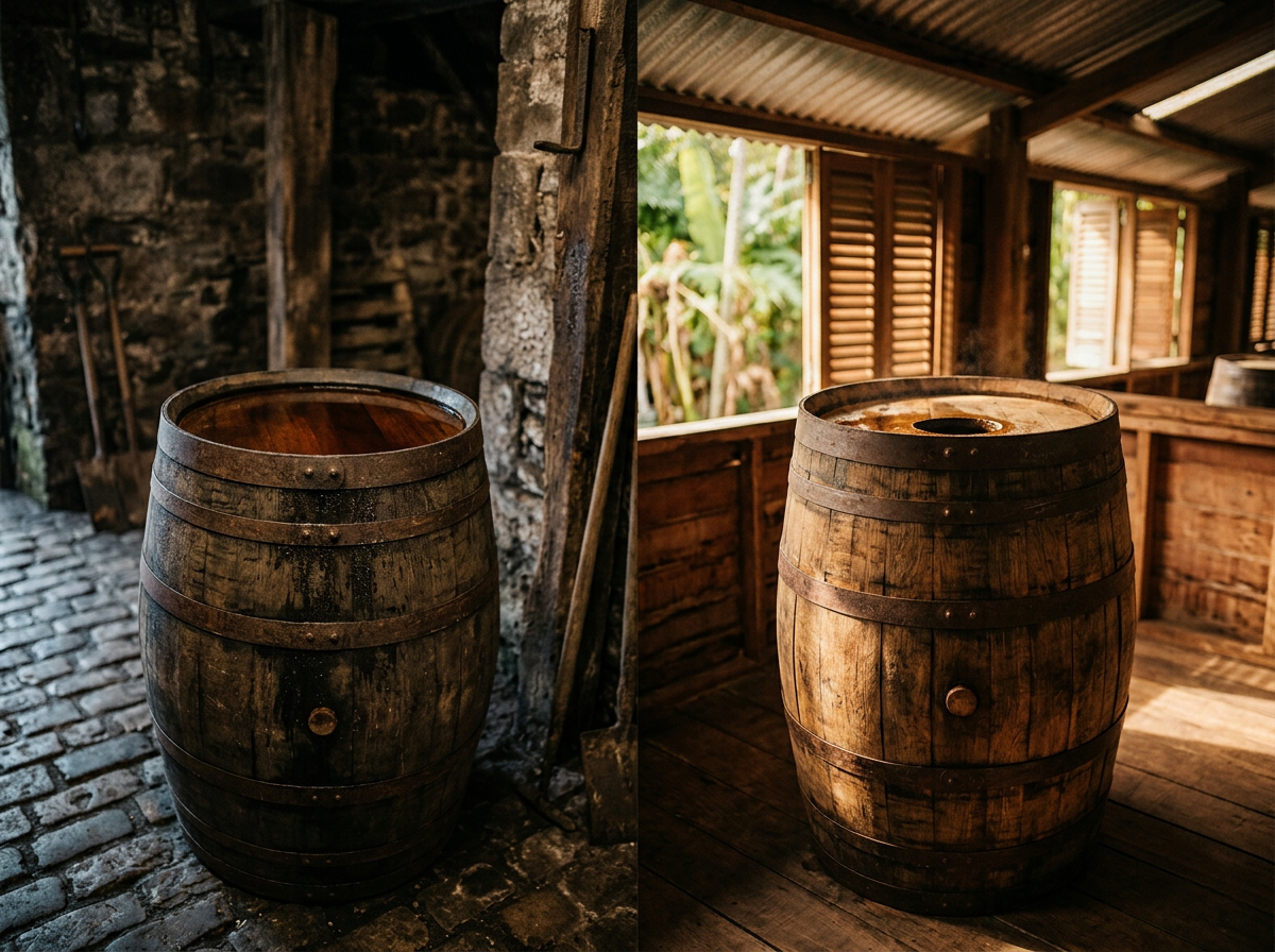 A comparison infographic showing the 'Angel's Share' evaporation in Scotland (cool) vs. Taiwan (hot), illustrating why tropical whiskies age faster.