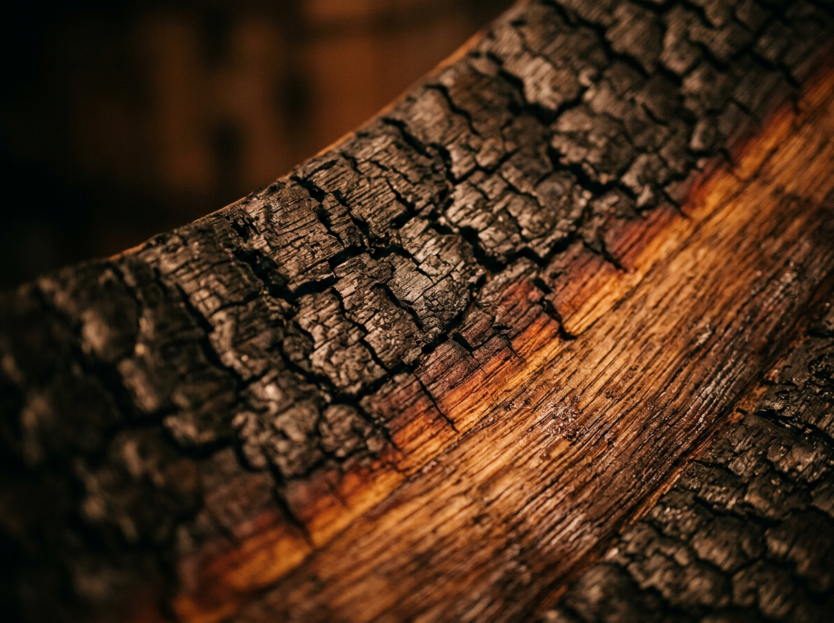 A macro shot of a charred oak barrel interior showing different levels of 'crocodile char' and the red layer where flavor compounds reside.