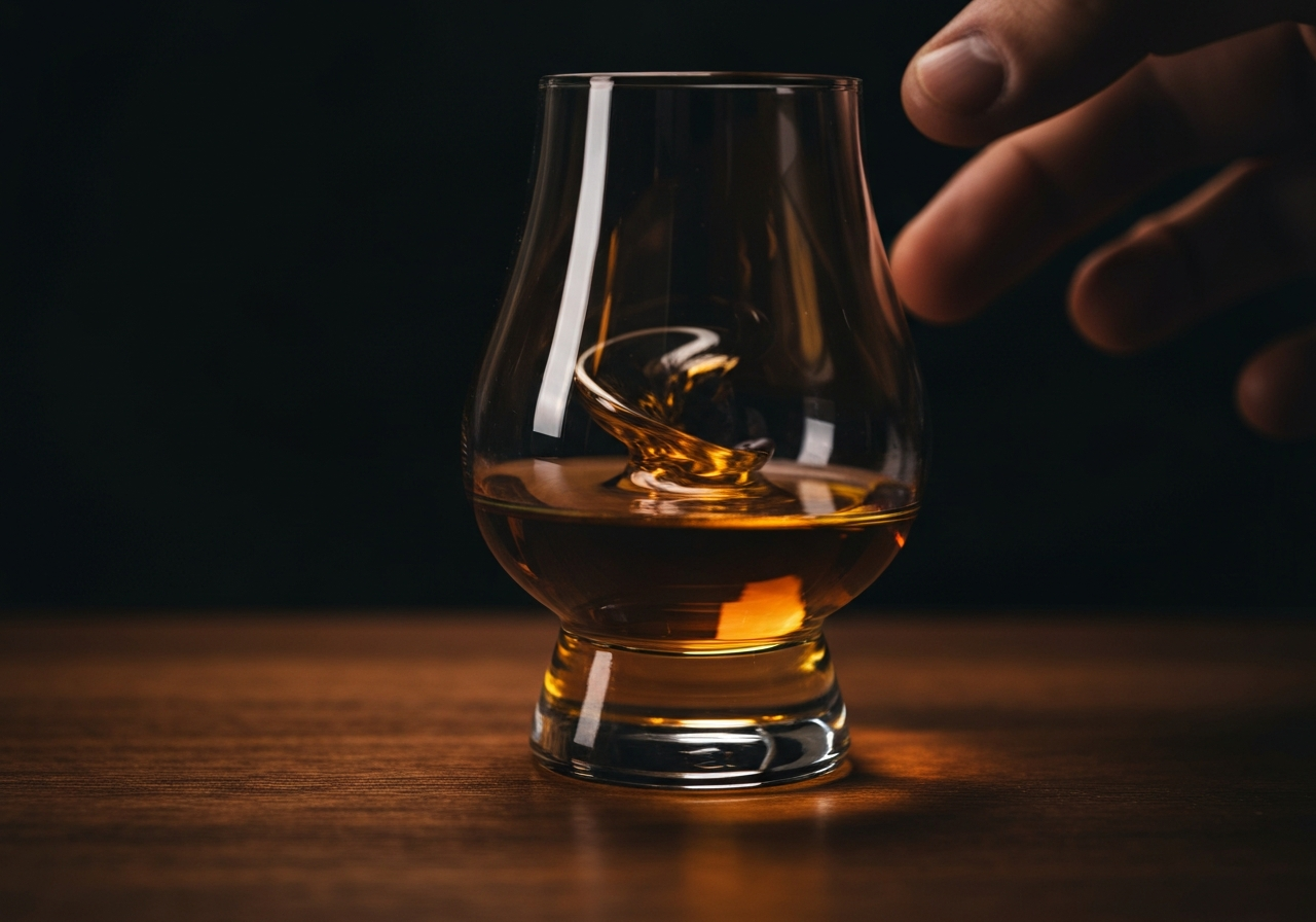 A high-quality macro shot of a Glencairn glass being swirled, with 'legs' visible on the side and a soft amber glow.