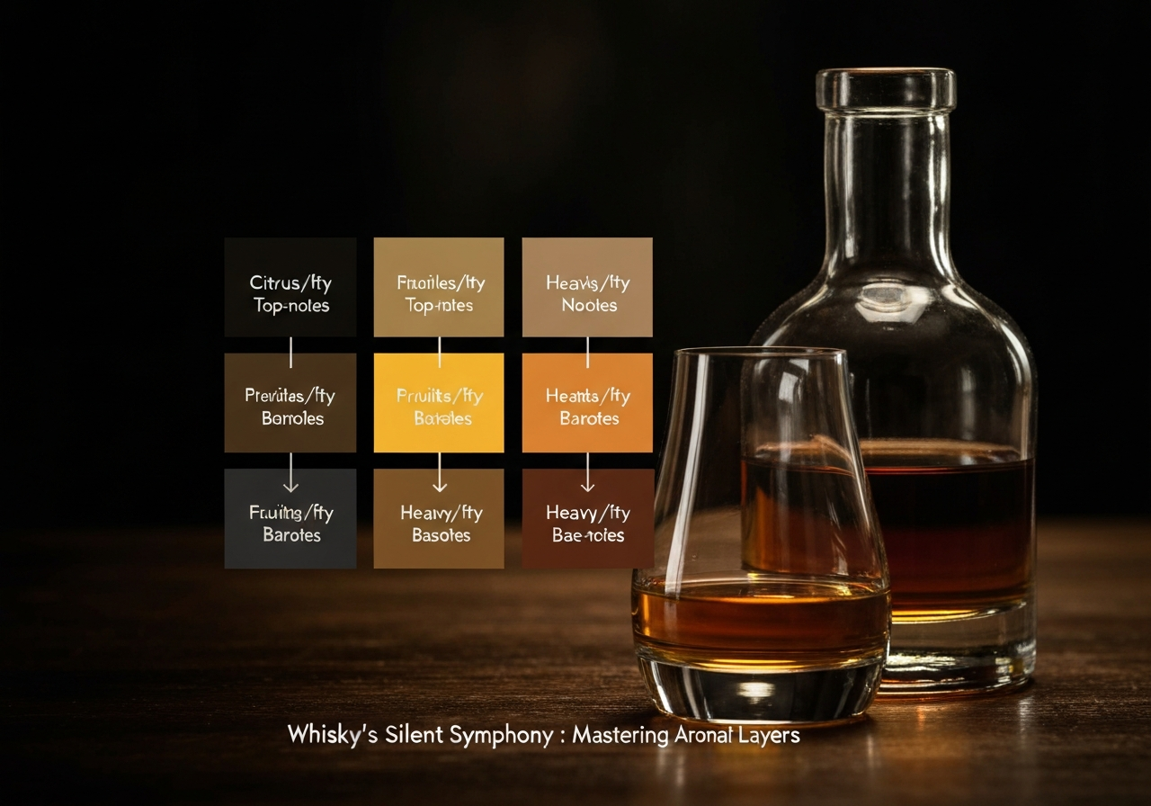 An infographic showing the 'distiller's cut,' highlighting the transition from citrusy/fruity top-notes to heavy/earthy base-notes.