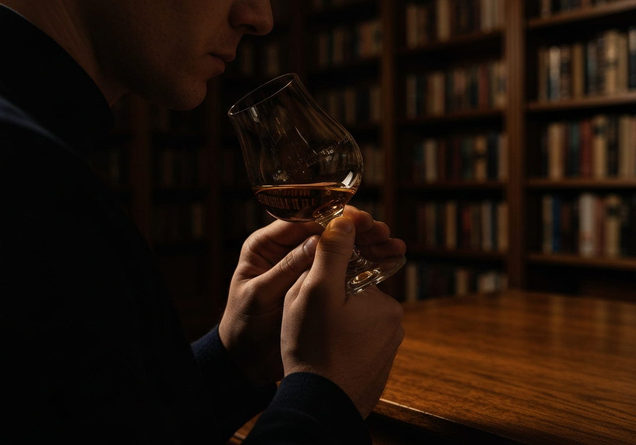 A moody, atmospheric shot of a taster holding an empty glass to their nose in a dim library or wood-paneled room.