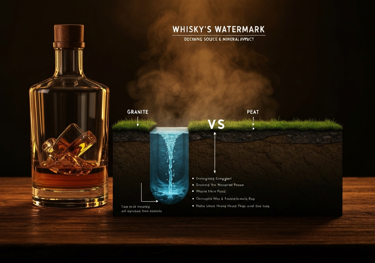 A high-resolution infographic showing a cross-section of Scottish terrain (granite vs peat) with water filtering down into an aquifer.