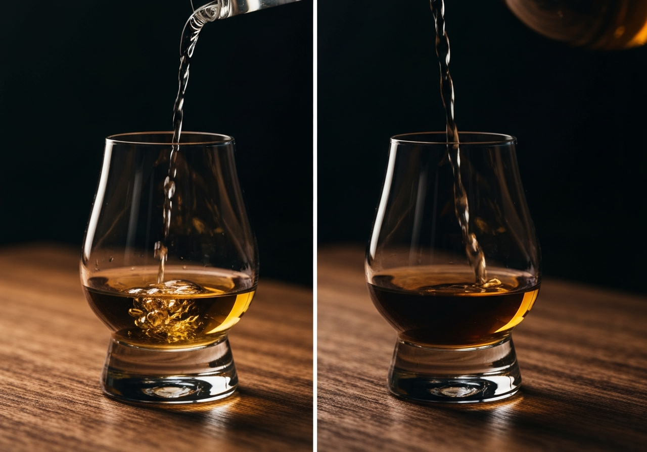 A side-by-side comparison of two whisky glasses, one showing the 'louche' effect (cloudiness) when water is added, emphasizing the chemical reaction.