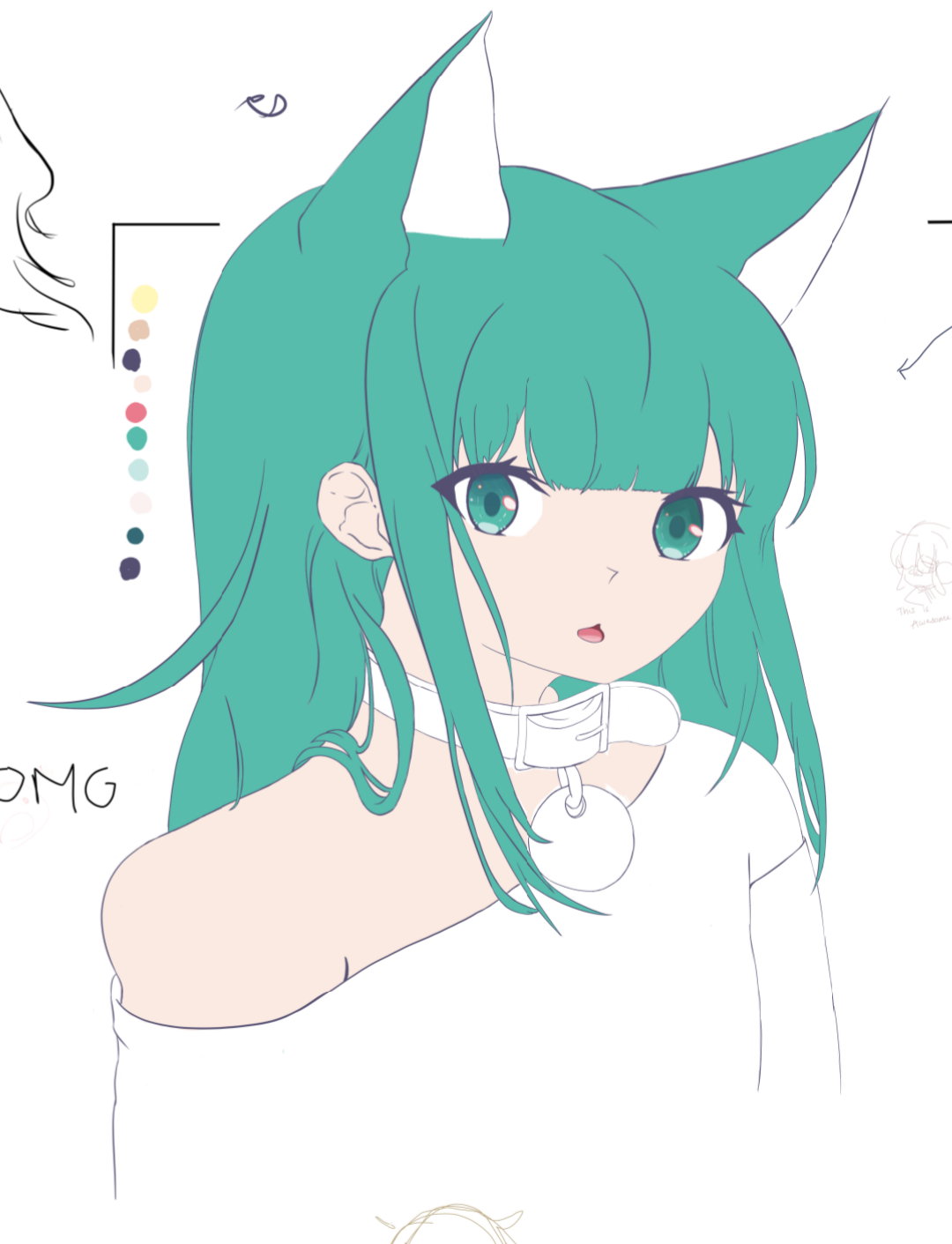 Teal hair 50% done, needs shading. Now about the shirt.. which color would u choose?