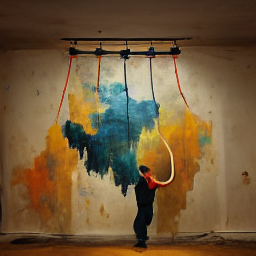 a painter hanging from a ceiling by a large horizontal thick rope holds a  bucket of paint and paints a wall - prompthunt