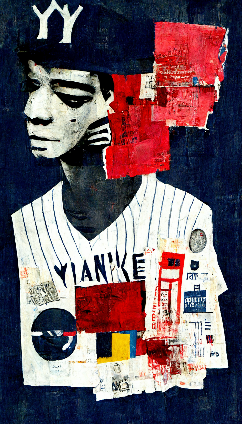 prompthunt: collage, ny yankees, bronx, artwork by basquiat, creative ,  navy blue, white, red