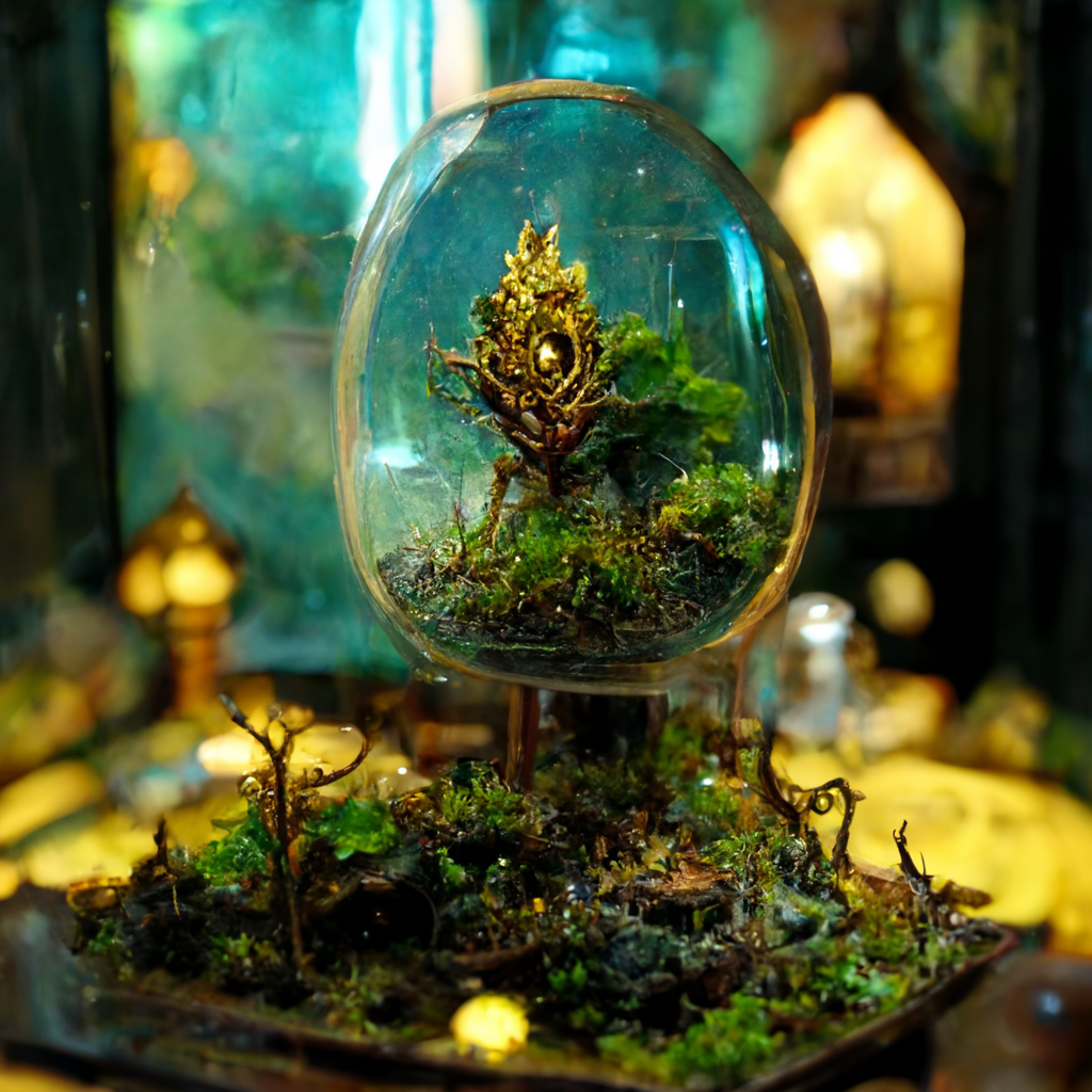 prompthunt: giant gilded elven terrarium close up, stranger plants inside,  stranger tiny creatures inside, in the style of Harry potter, high fantasy,  radiant