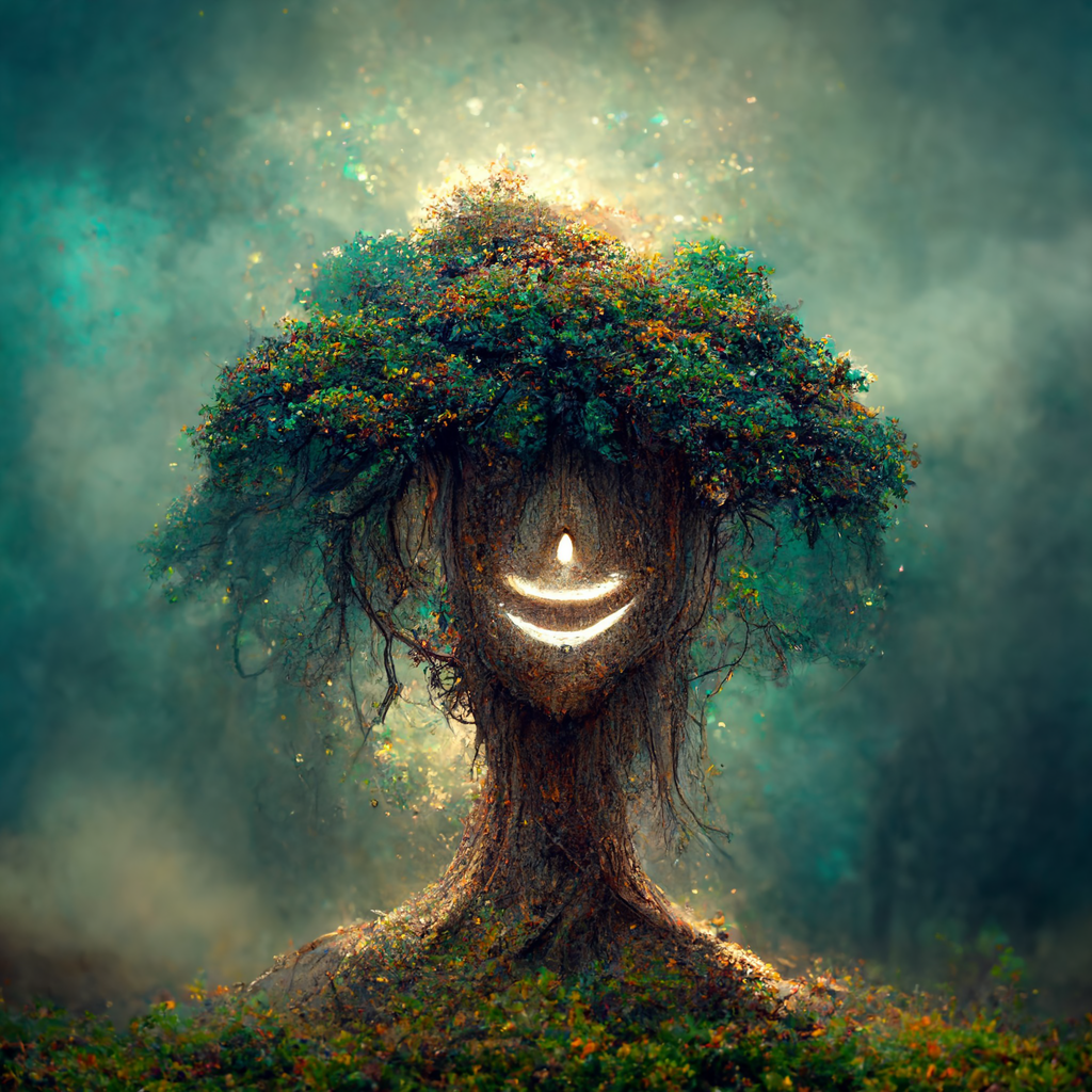 prompthunt: a wise mystical tree with a gentle smile and kind eyes, HD,  forest