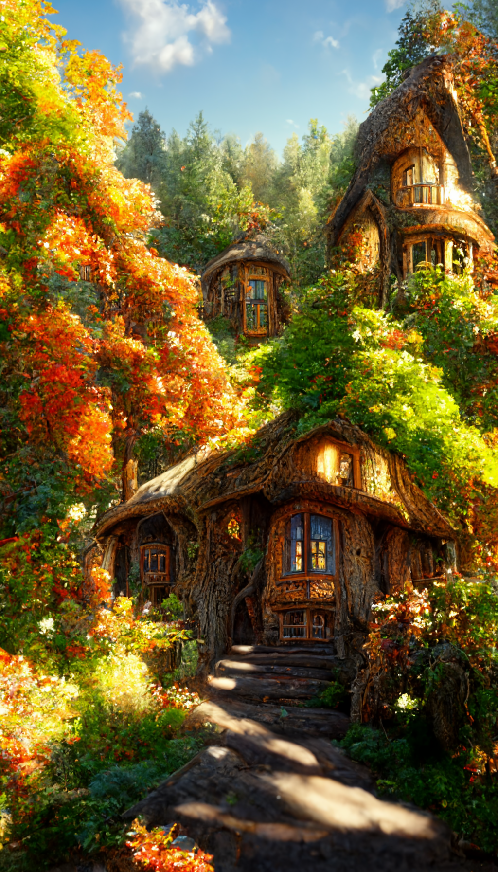 an enchanted forest with a beautiful wooden elven house, magical, sunny  autumn day, ultra realistic, 8k, very detailed - prompthunt