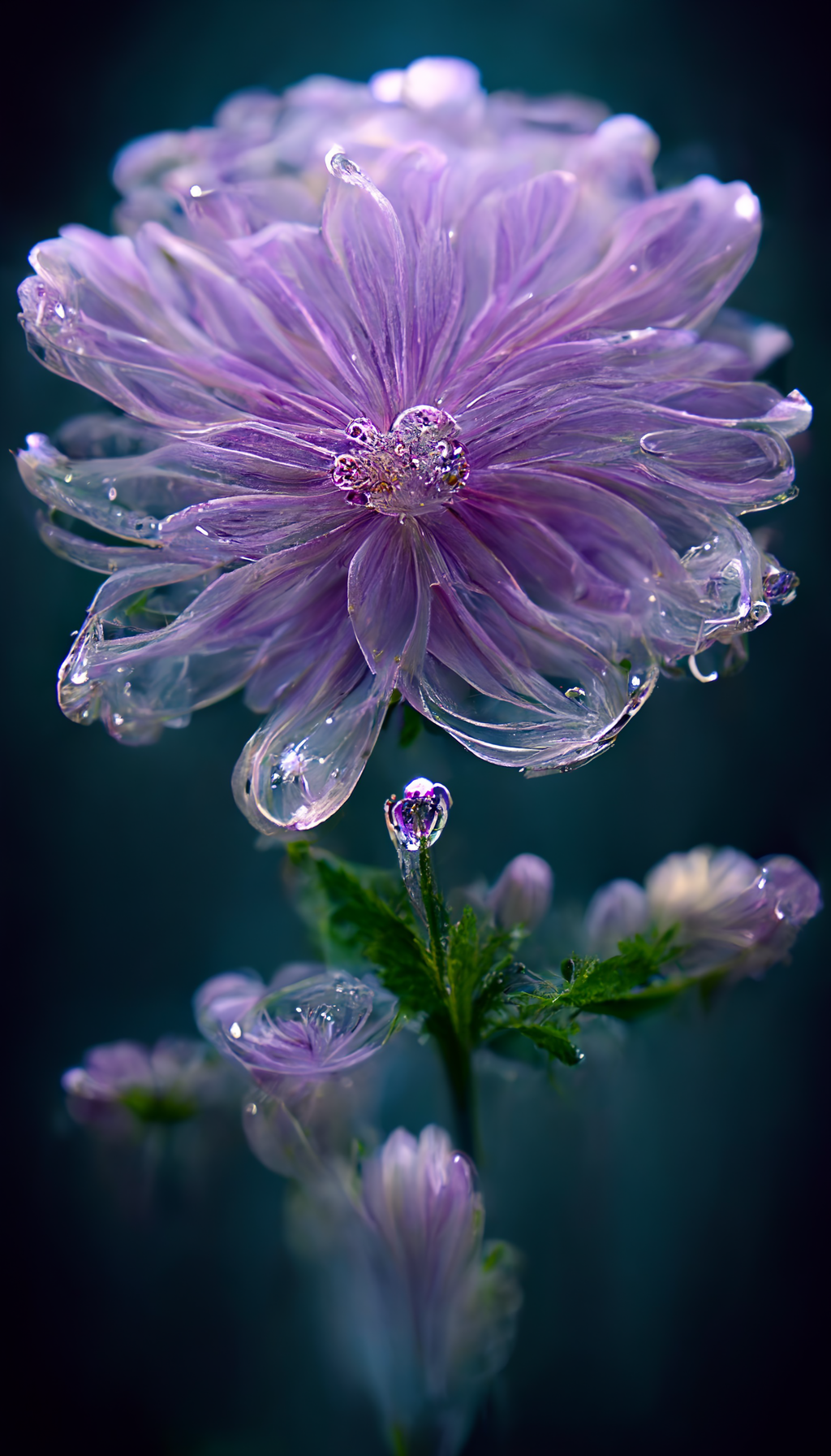 prompthunt: One kind of flower is broken ice blue crystal chrysanthemum,  the petals are crystal clear, the flowers are clear, true, vivid, flashing  the light of the spirit, its branches are covered