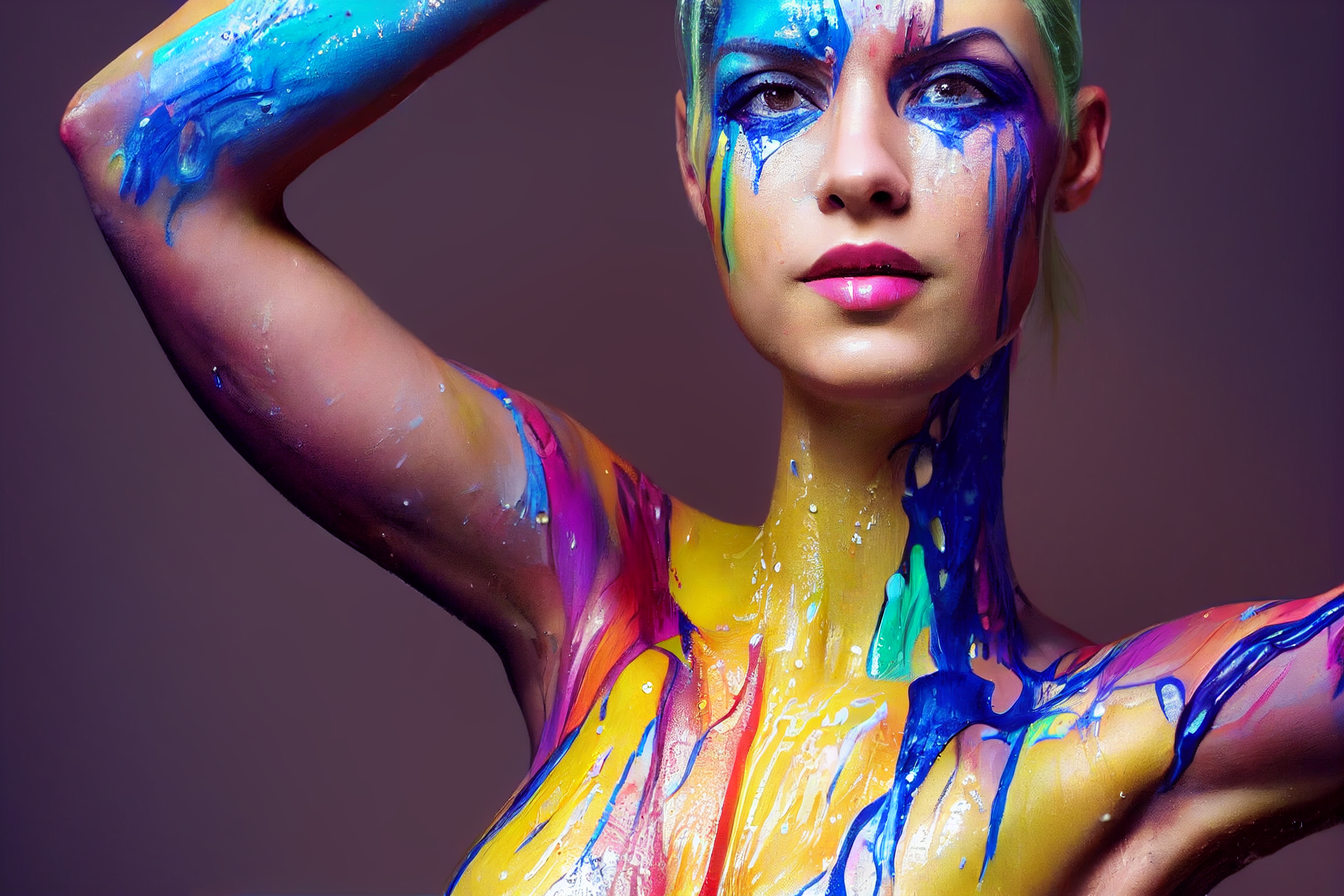 Full-body portrait photograph of a highly realistic beautiful woman, in wet  body-paint, perfect symetrical eyes and face, massive chested, flirty  smile, body-paint has beautiful blending paint patterns in bright colorful  colors, bright lighting  - prompthunt