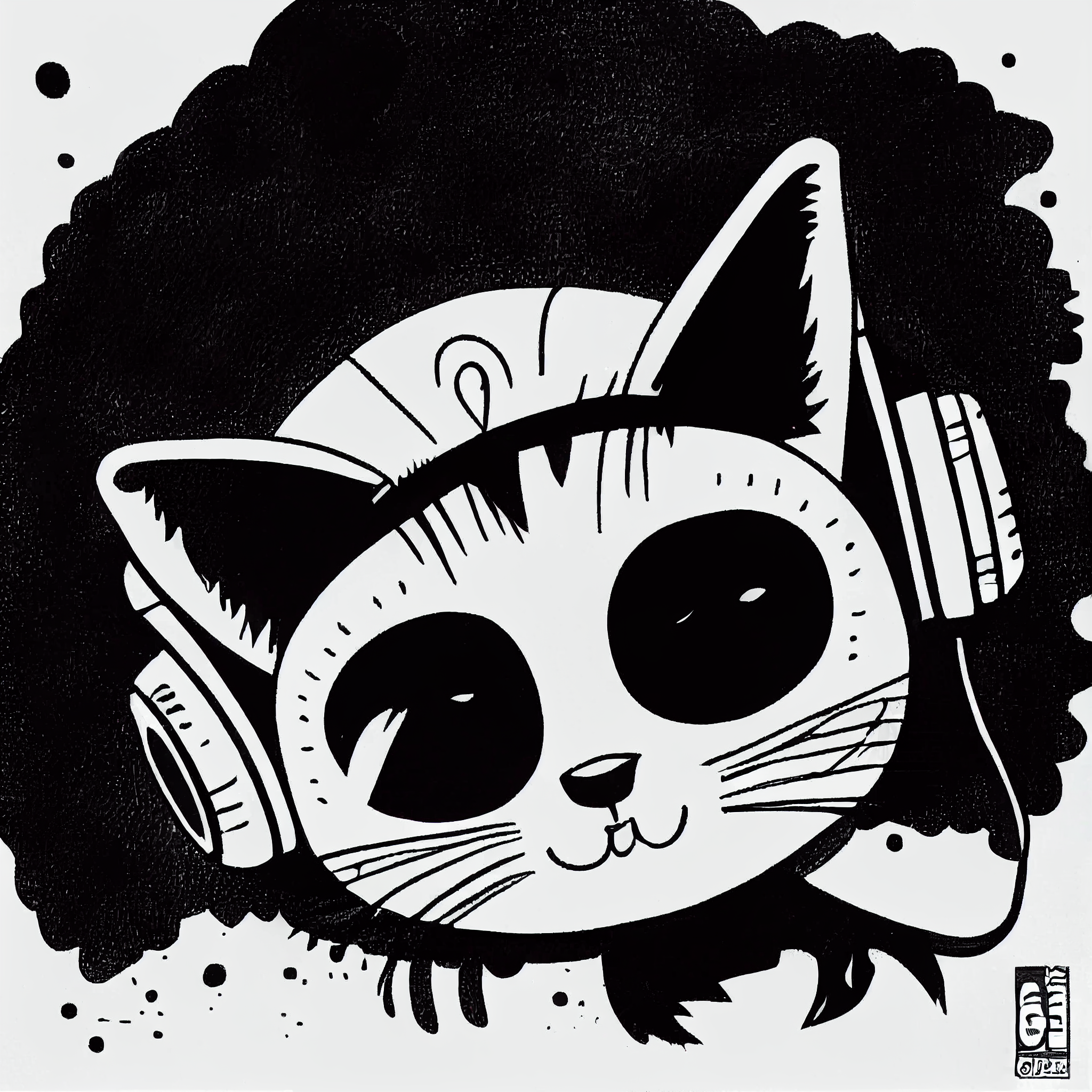 cat with headphones drawing