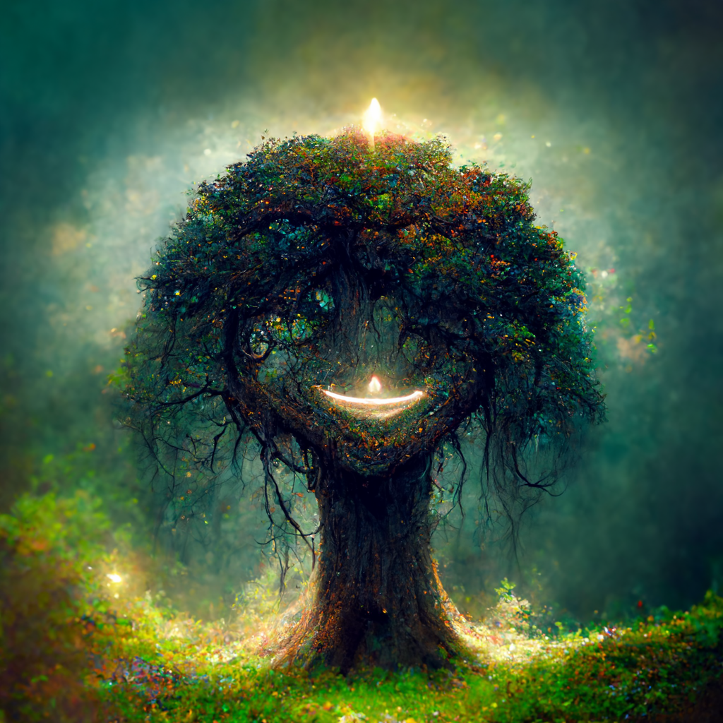 prompthunt: a wise mystical tree with a gentle smile and kind eyes