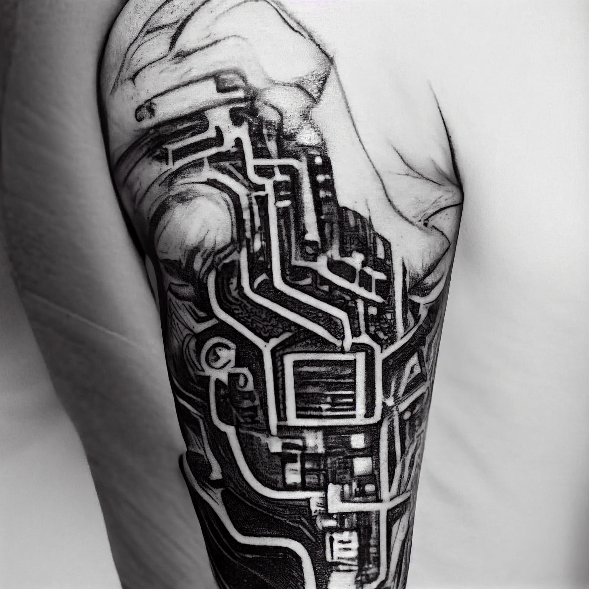 Circuit board tattoo on men arm  ImagesAI Diffusion