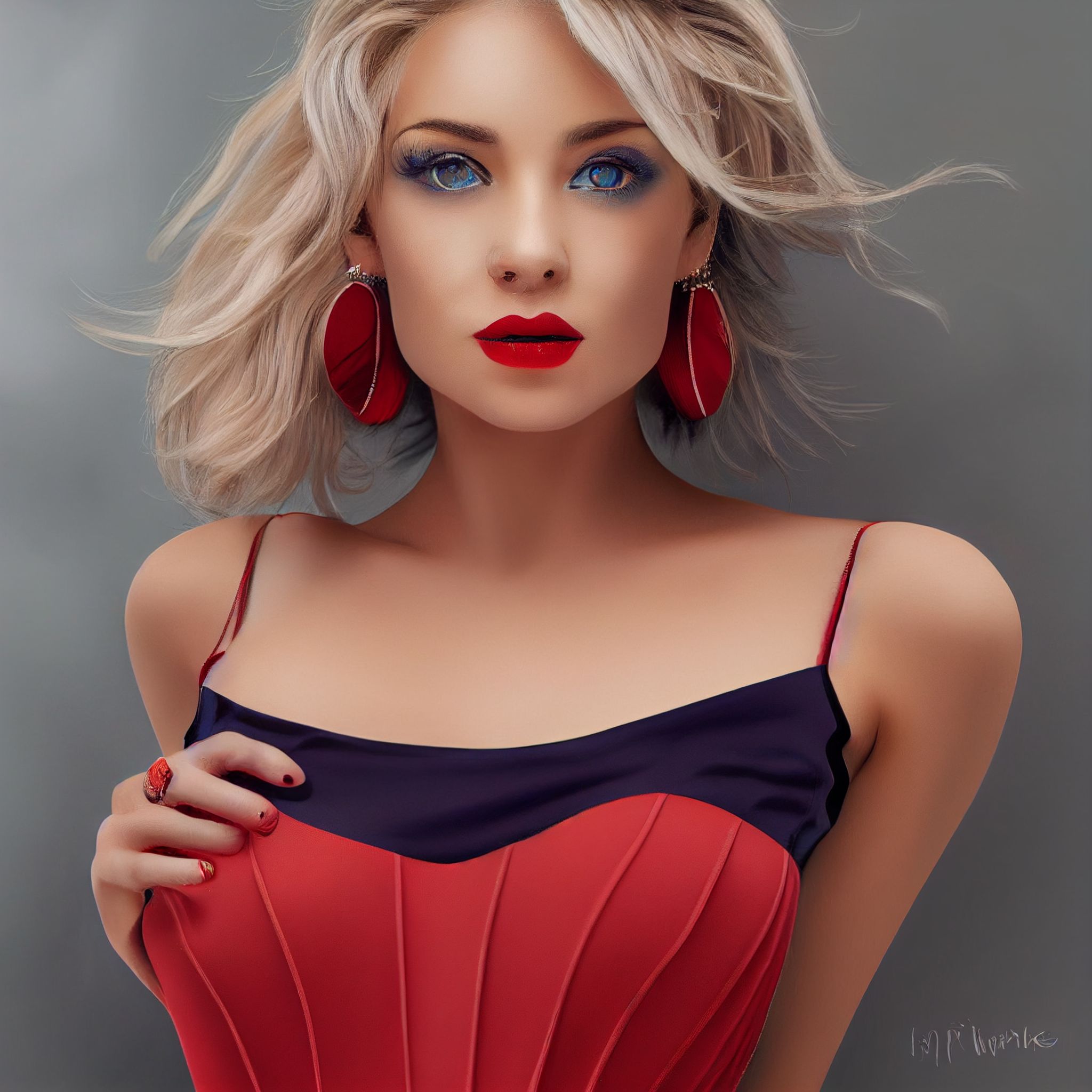 a very detailed woman,russian,blue eyes,red lips,blonde,red tight  dress,tall,4k - prompthunt