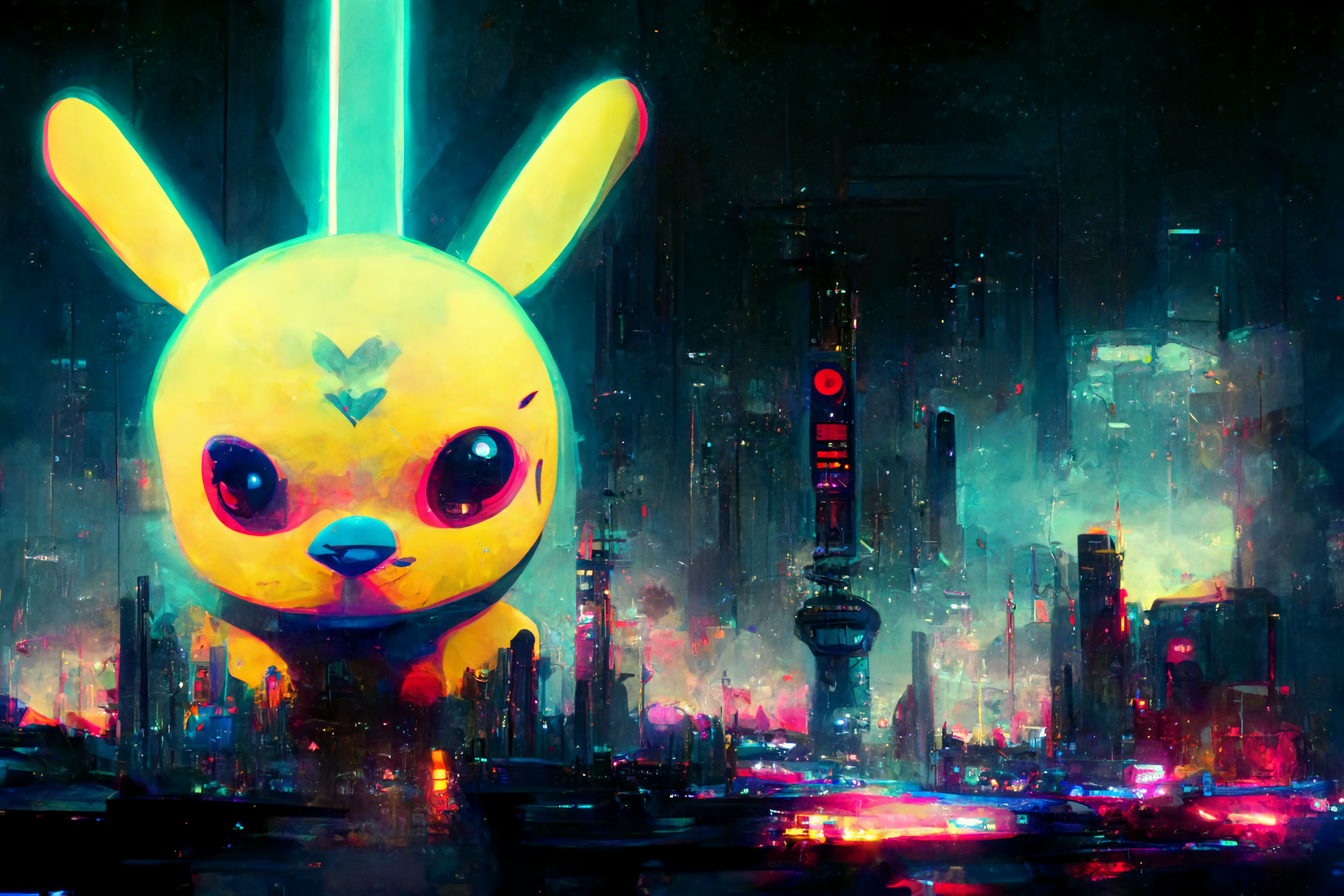 prompthunt: A cyberpunk Pikachu. Highly detailed, 8k wallpaper