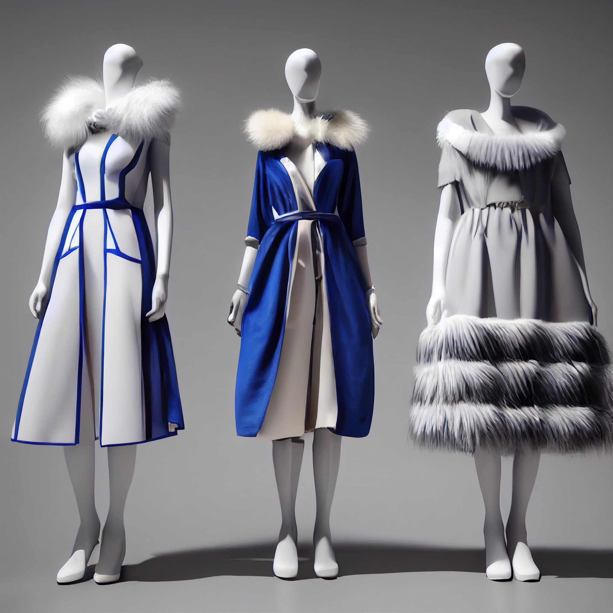 prompthunt: Three Views of Fashion Design Rendering , white clothing  mannequin, Blue and white dress, Glacier's clothing pattern, Fur fabric,  high-quality rendering, 3d, fine details, illustrations, lifelike, c4d, 8k