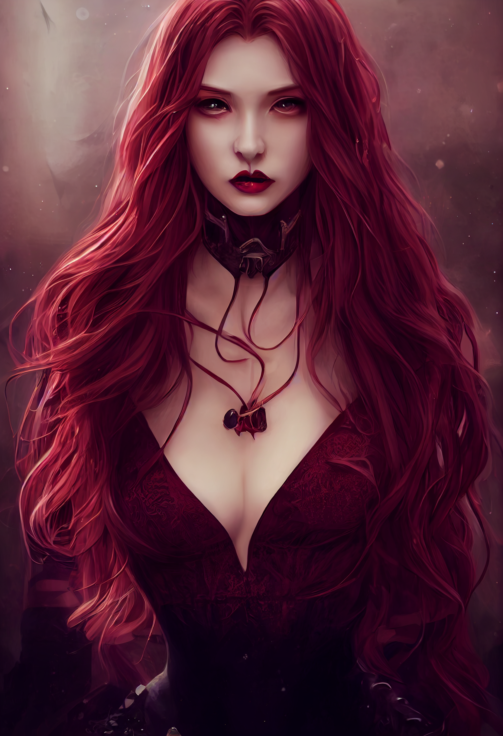 prompthunt: Beautiful pale Woman as well rounded vampire, queen , deep  crimson choker,photorealistic beautiful anime character concept art, manga,  crystal eyes, red Hair like a dragon, sharp detail, cinematic lighting,  fantasy, magical