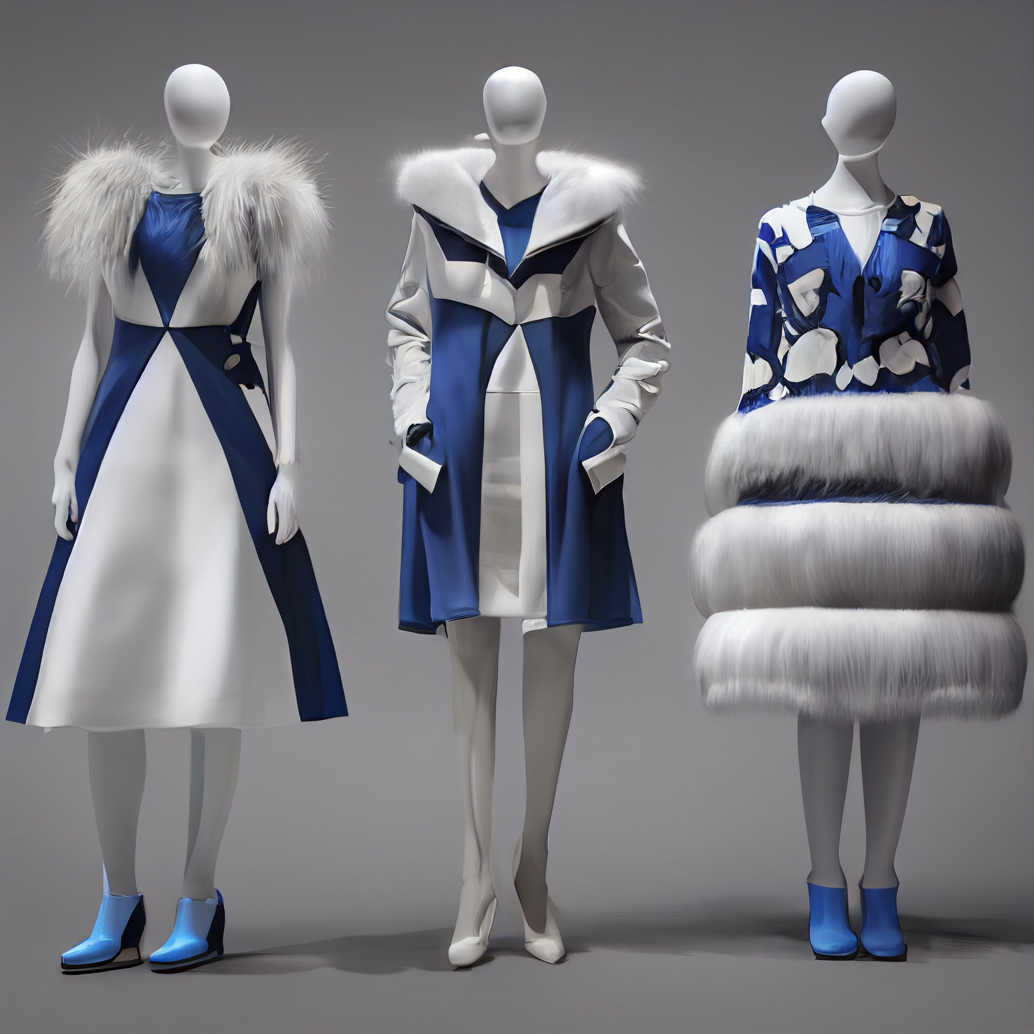 prompthunt: Three Fashion Design Renderings , white clothing mannequin,  Blue and white dress, Embroidered clothing pattern of glacier, Fur fabric,  high-quality rendering, 3d, fine details, illustrations, lifelike, c4d, 8k