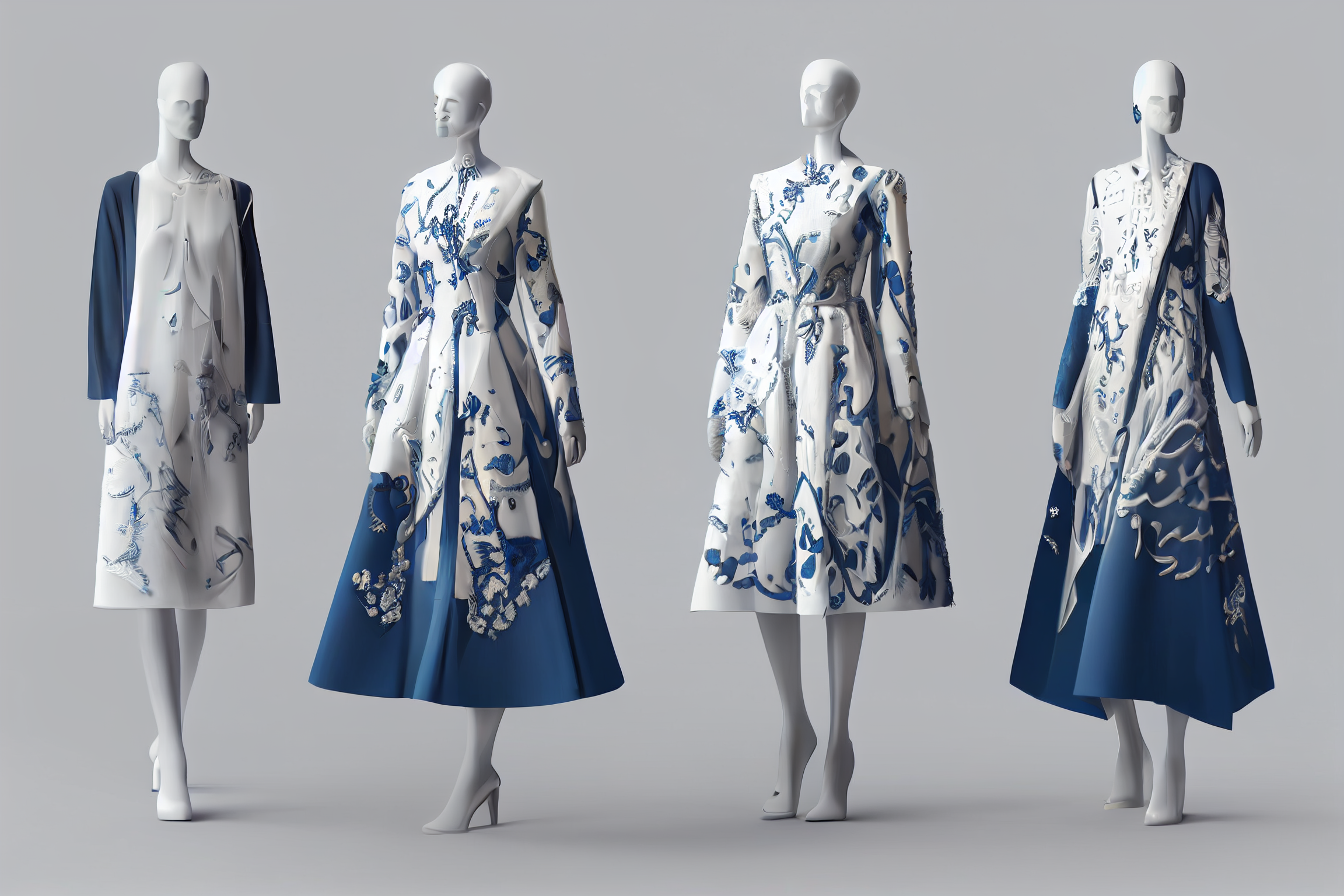 prompthunt: Three Fashion Design Renderings , white clothing mannequin,  Blue and white dress, Embroidered clothing pattern of glacier, Fur fabric,  high-quality rendering, 3d, fine details, illustrations, lifelike, c4d, 8k