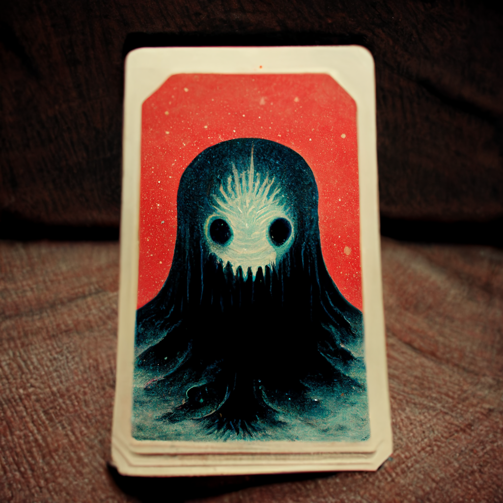 prompthunt: reverse uno card but its staring back through a yawning void,  cosmic horror, scary, intense, demonic