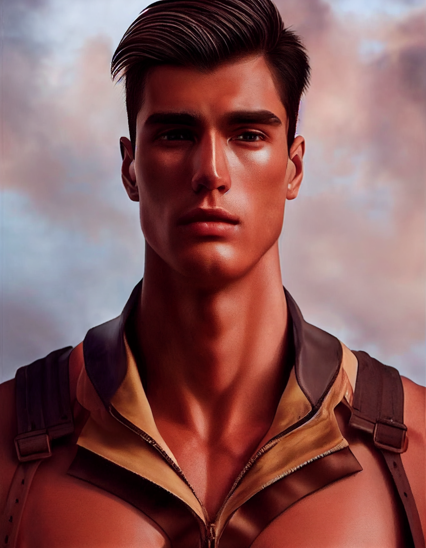 forked-human336: tall older human male muscular build warm honey tone amber  eyes, chiseled face strong jawline stubble, black hair neatly styled and  short