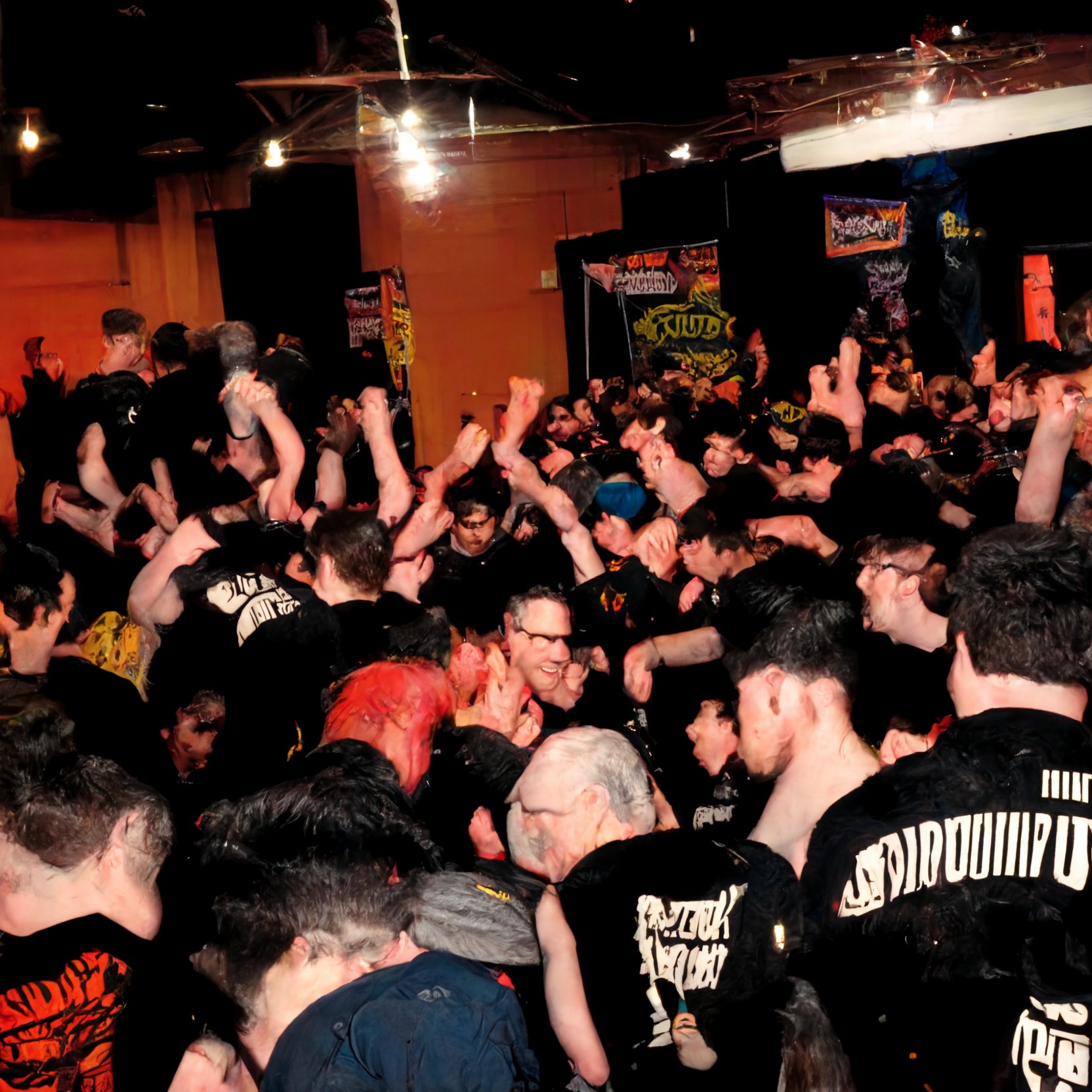 prompthunt: righteous jams moshpit hXc punk rock crowd surf sold out venue  punch dance breakdown extreme stage dive mosh pit TUI Boston Beatdown  invasion righteous jams rage of discipline donnybrook down for
