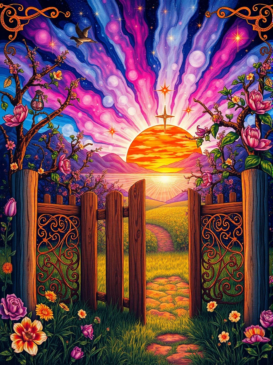 celtic art filigree, resurrecting , wild orchard , wooden open fence, celtic illustration  style colorful colors, remedios varo style, SUNRISE , blue magenta white red, stars sparks, 
[No filter]